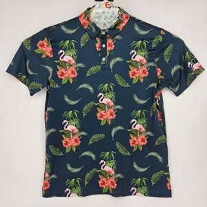 Yatta Golf Polo Shirt Mens Medium Flamingos Hibiscus Short Sleeve Casual Preppy